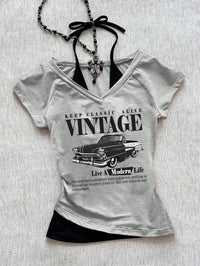 Grey Vintage Car Graphic V-Neck T-Shirt for Women