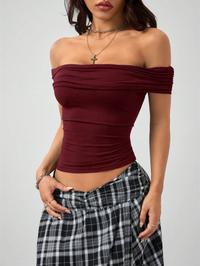 Wine Off-Shoulder Ruched Fitted Crop Top