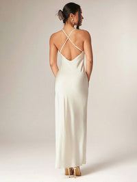 Ivory Satin Slip Maxi Dress for Women – Backless Strappy Evening & Party Gown