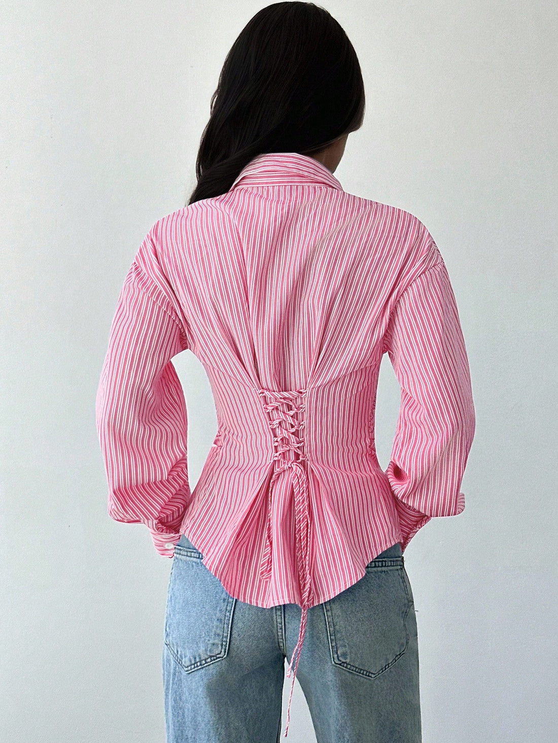 Women Pink Striped Corset Back Fitted Shirt with Long Sleeves
