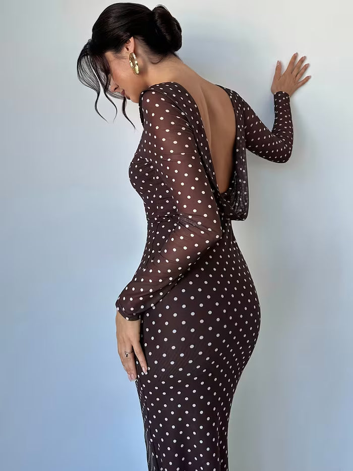 Brown Polka Dot Mesh Backless Maxi Dress for Women