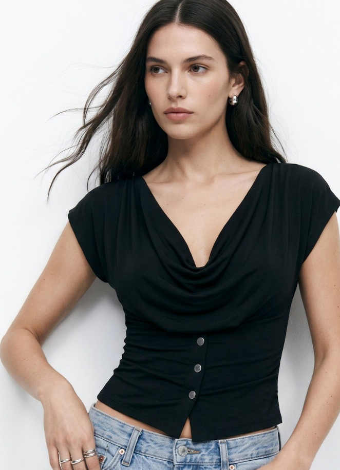 Black Draped Cowl-Neck Top