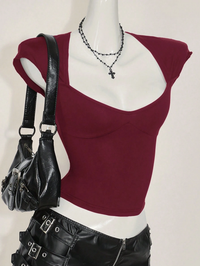 Wine Sweetheart Neckline Fitted Crop Top