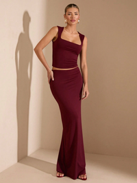 Wine Square-Neck Co-Ord Set with Maxi Skirt