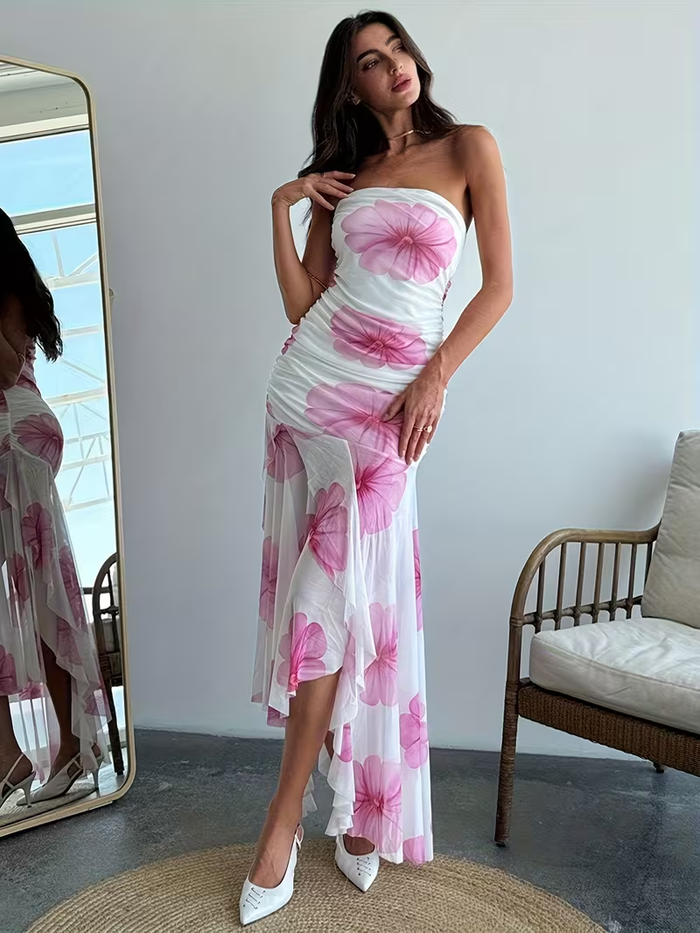 White Pink Floral Asymmetric Dress