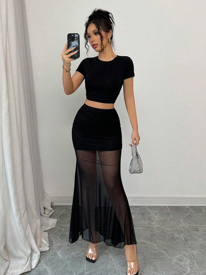 Black Crop Top & Sheer Mesh Skirt Co-Ord Set