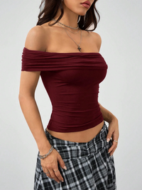 Wine Off-Shoulder Ruched Fitted Crop Top
