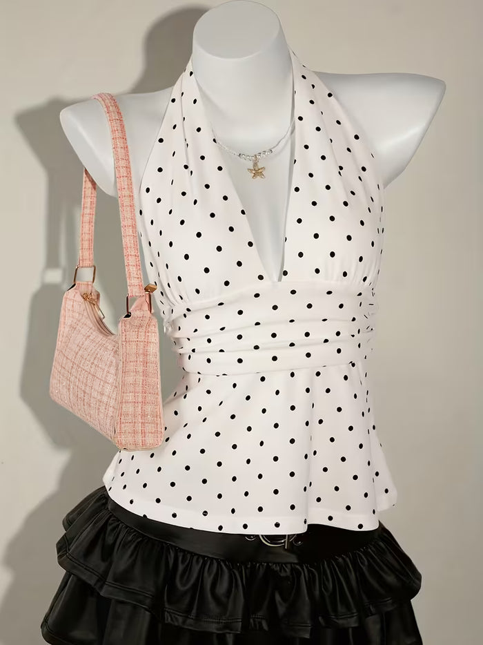 White Polka Dot Halter Neck Peplum Top for Women