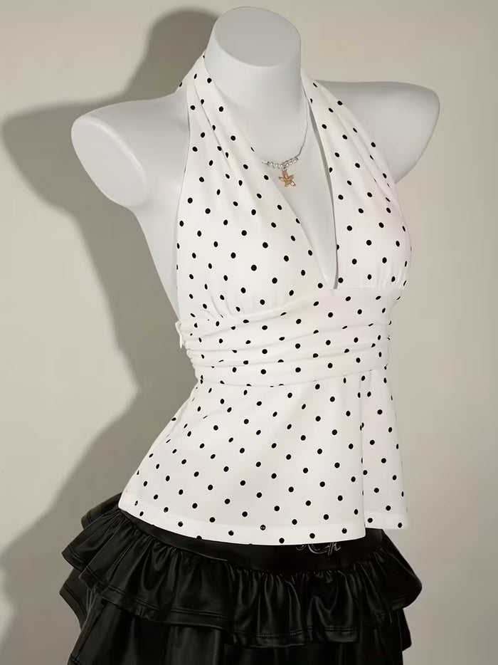 White Polka Dot Halter Neck Peplum Top for Women