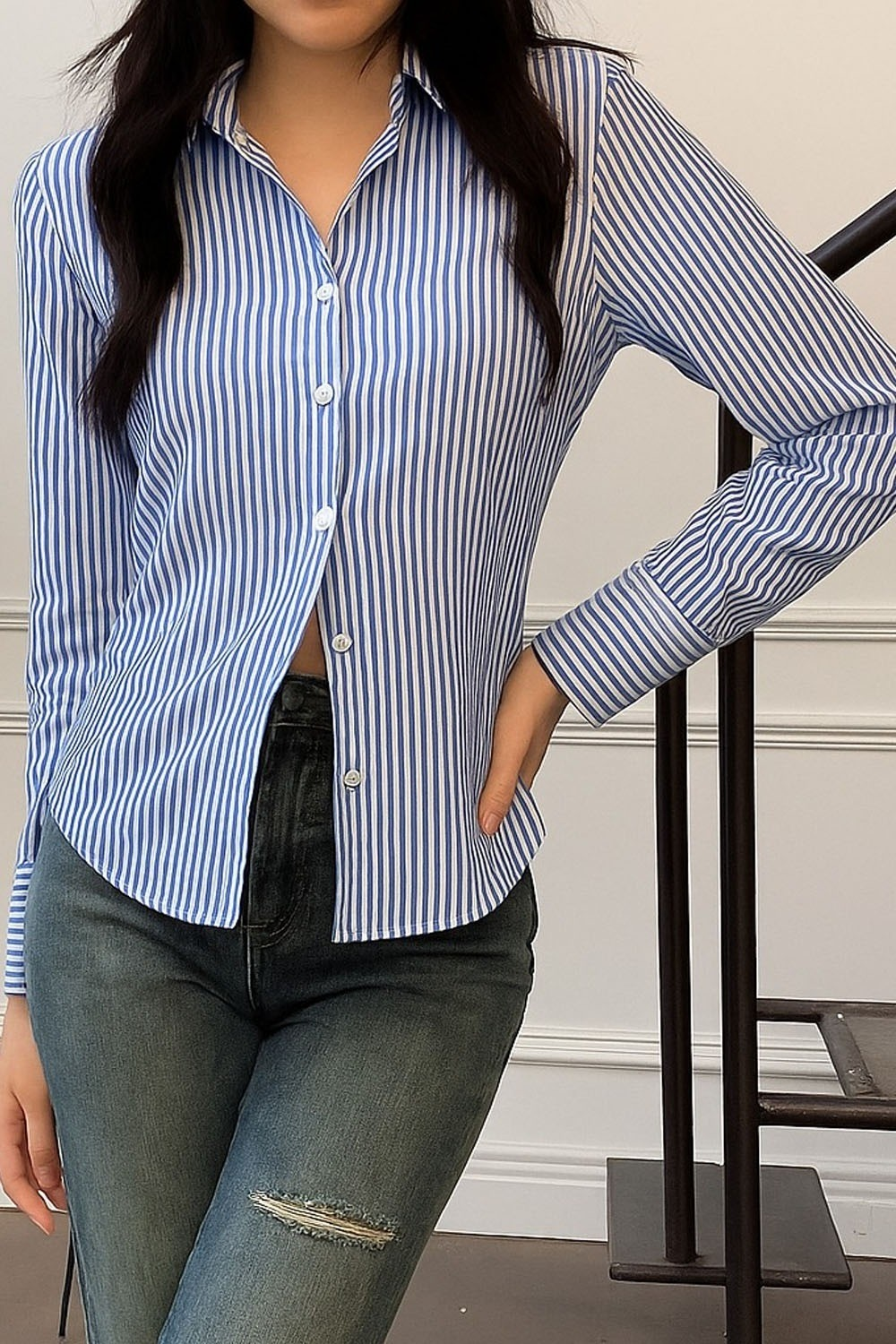 Women's Blue & White Striped Corset Back Shirt