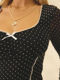 Women Black Polka Dot Square Neck Flared Sleeve Fitted Top