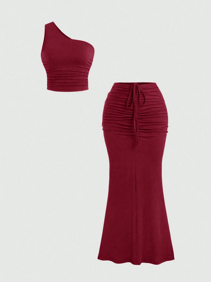 Wine One-Shoulder Ruched Co-Ord Set