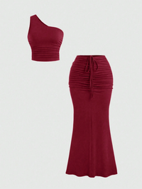 Wine One-Shoulder Ruched Co-Ord Set