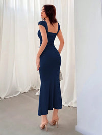 Navy Blue Square Neck Bodycon Maxi Dress