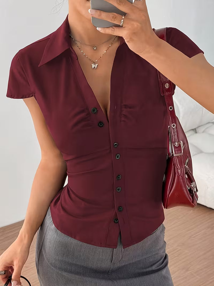 Women's Burgundy Tailored Button-Down Crop Top
