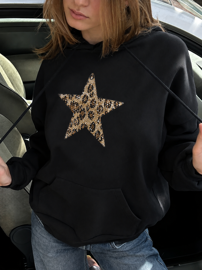 Black Leopard Star Sequin Hoodie