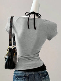 Grey Vintage Car Graphic V-Neck T-Shirt for Women