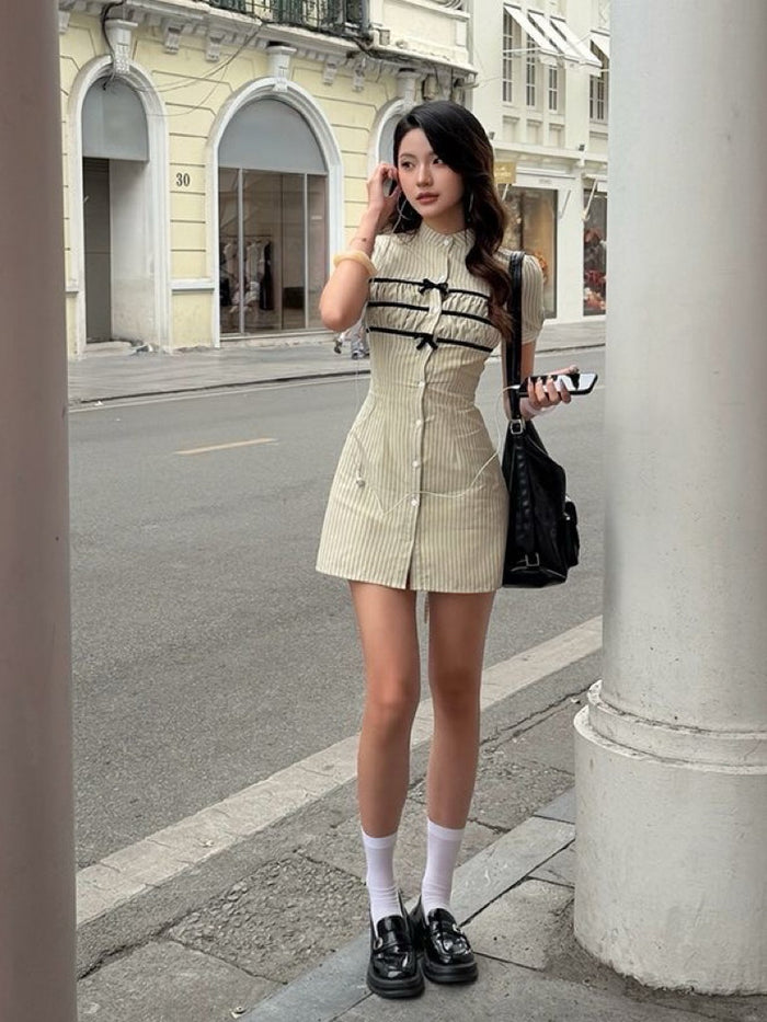 Pinstripe Bow-Tie Shirt Dress