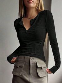 Women's Black Ribbed Button-Neck Slim-Fit Top