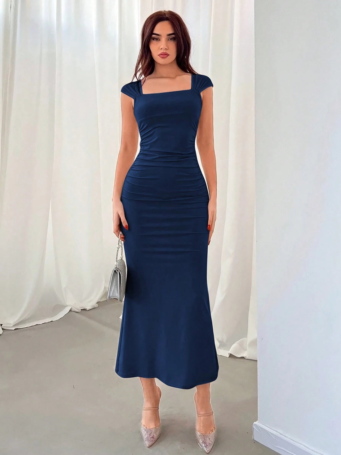 Navy Blue Square Neck Bodycon Maxi Dress