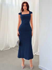 Navy Blue Square Neck Bodycon Maxi Dress