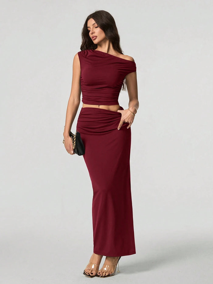 Wine Red One-Shoulder Ruched Co-Ord Maxi Dress