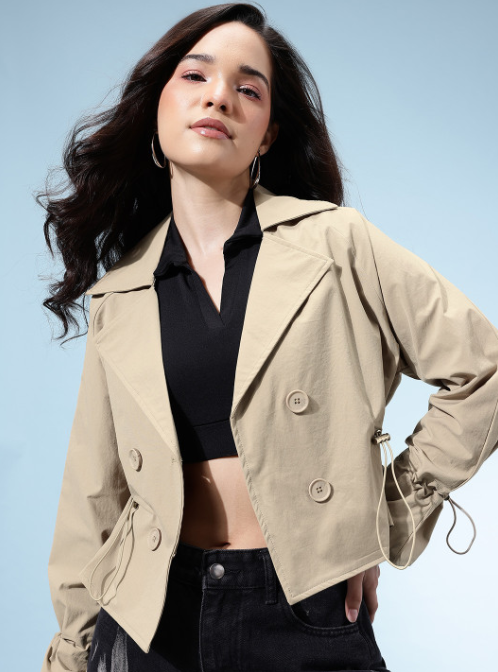 Beige Cropped Double-Breasted Tie-Detail Jacket