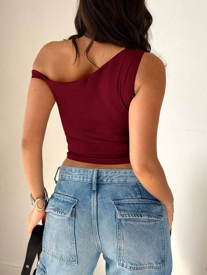 Wine One-Shoulder Asymmetric Fitted Top